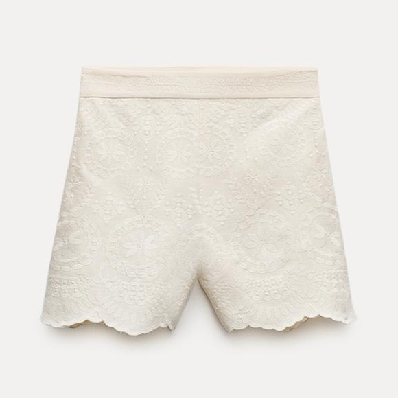 ZARA White Beige Nude Embroided High Wsisted shorts XL NEW - Picture 2 of 8